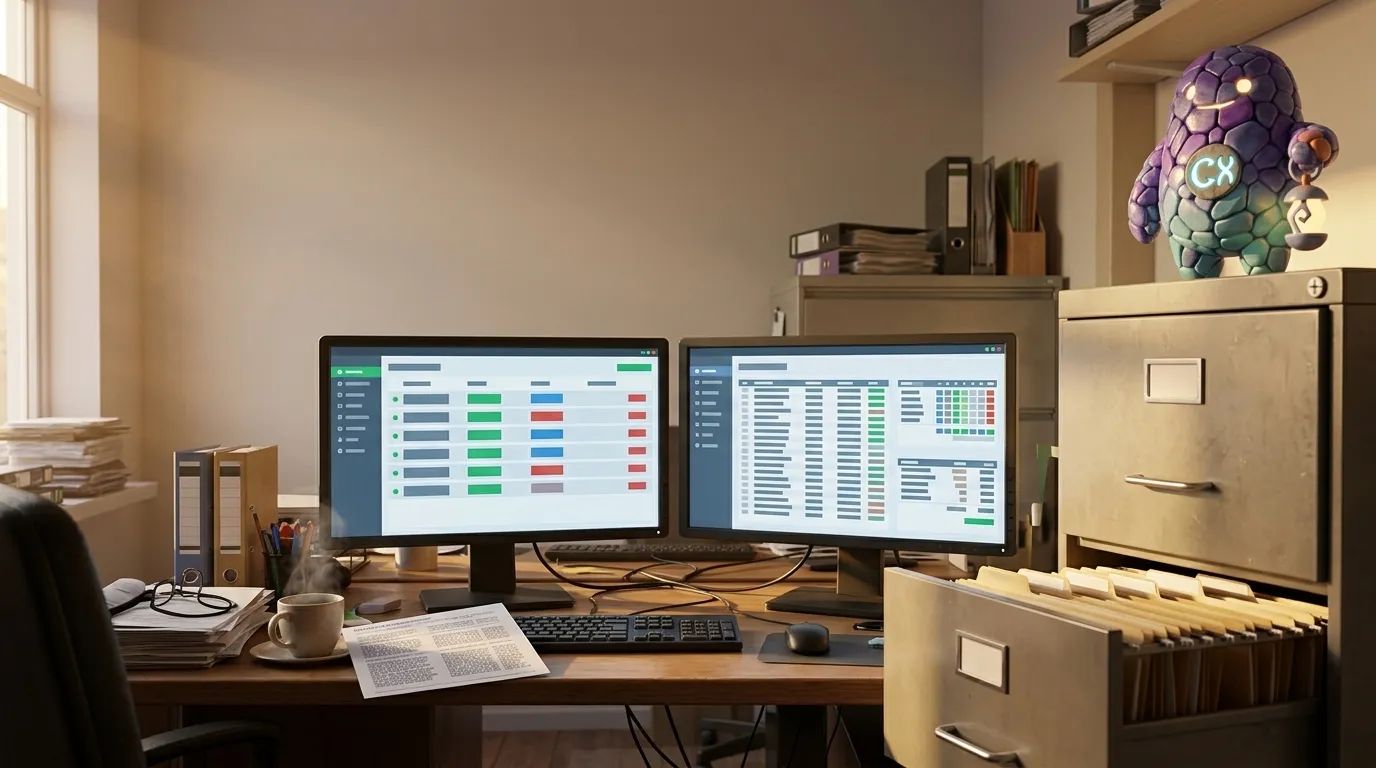 A small business back office in use: two screens showing a booking queue, an invoice list and a payroll summary, with a printed sheet and a drawer of files.