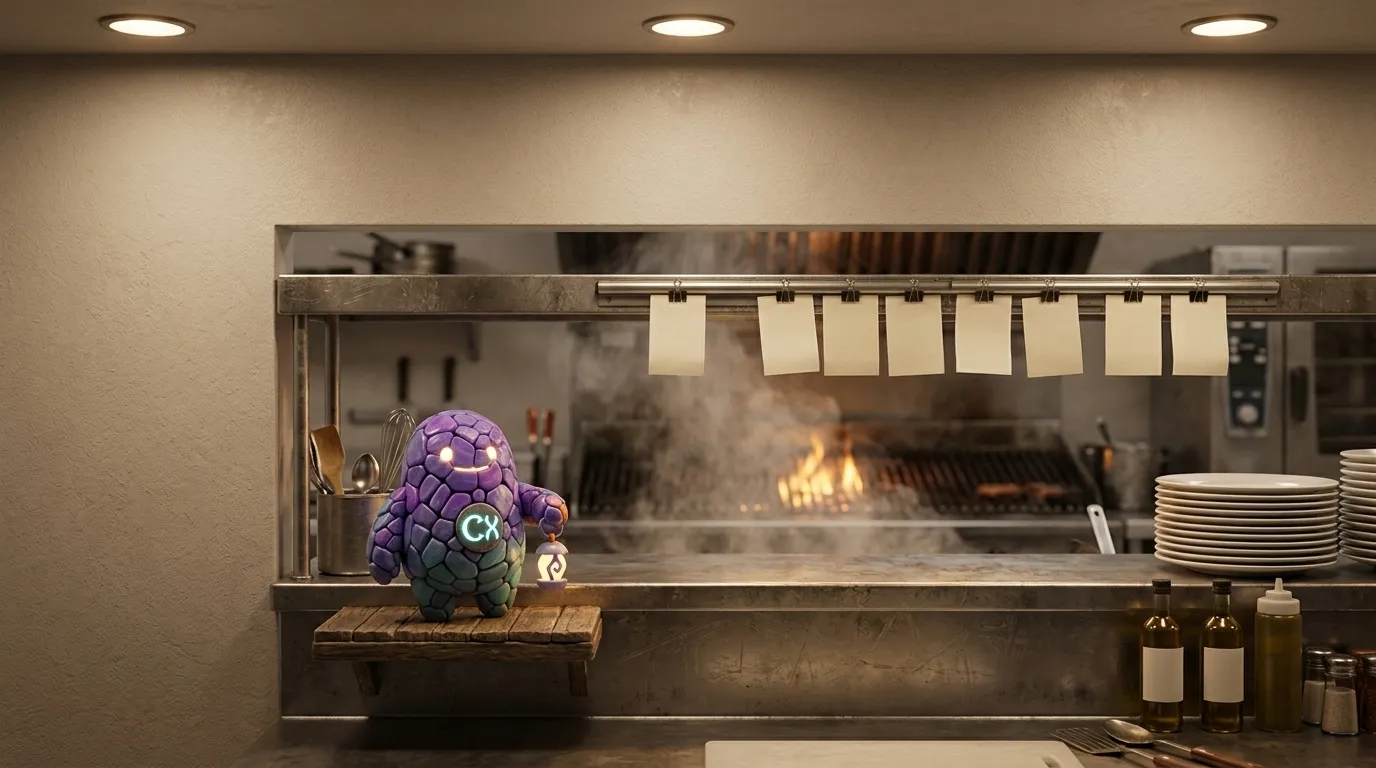 A working kitchen pass at service: steam rising from stainless steel, a stack of clean plates, a grill behind, blank order tickets clipped to a rail.