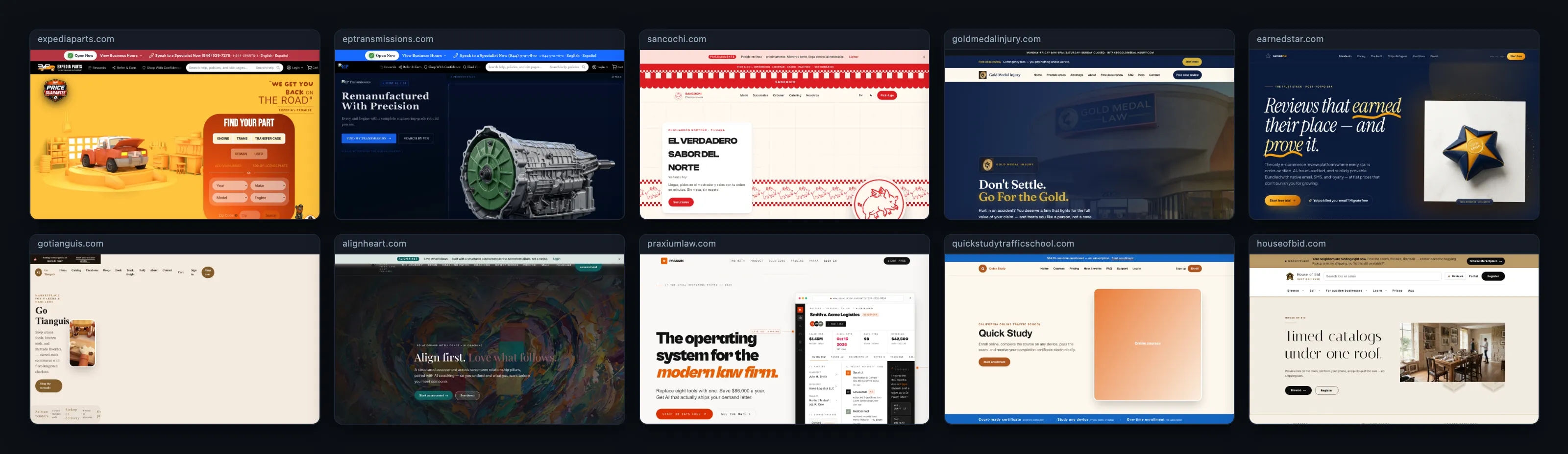 Ten live websites shown together, each labelled with its own domain.