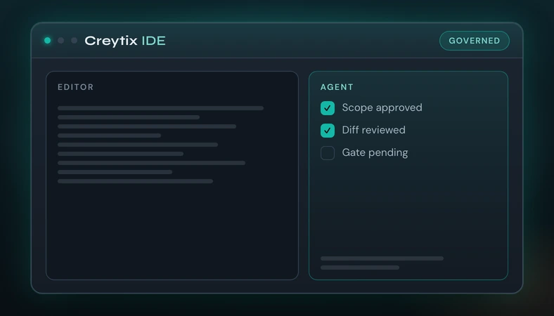 Creytix IDE split editor and agent panel on the dark operator shell